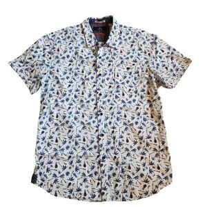 MBX Mens Pineapple Palm Tree Pattern Shirt Size L White Blue Short Sleeve Button